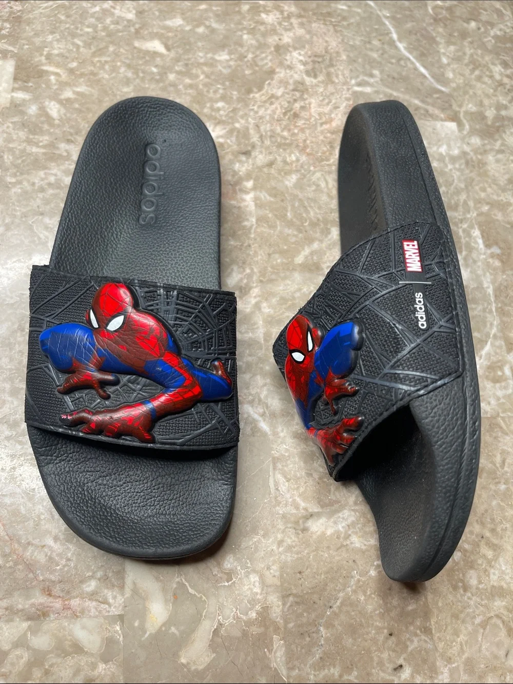 adidas Black Kids Spider-Man Slide Sandals with Red & Blue Accents